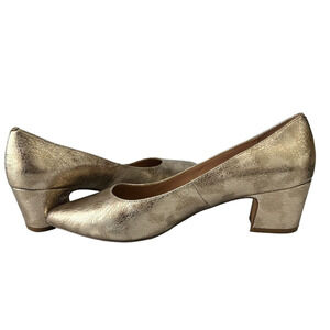 Linea Paolo Pump 10M Silver Metallic Leather Pointed Toe Block High Heels Crack